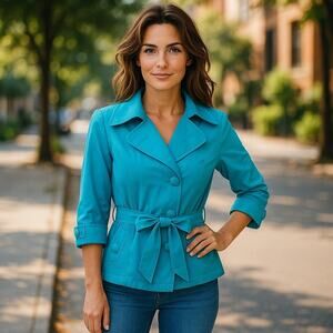 Luii Jacket Fully Lined 3/4 Sleeve Womens Sz M Blue 2-Button Front wi Tie A-0078